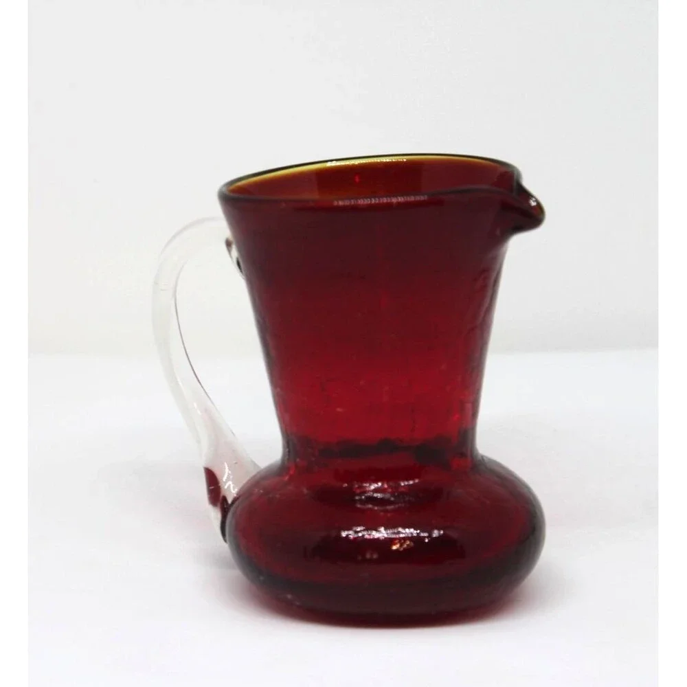 Art Glass Handblown Small Amberina Red Crackle Glass Creamer Pitcher. 3.75